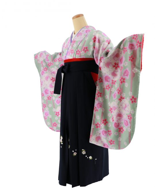卒業式袴レンタルNo.596[2Lサイズ]ミントグリーン×ピンクストライプ・桜